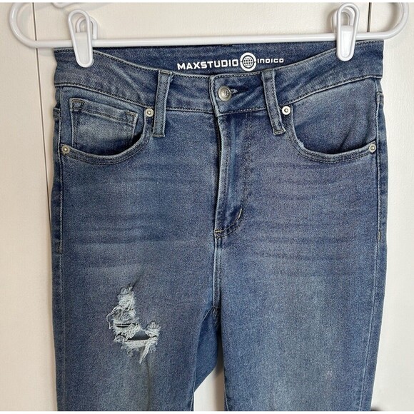 Max Studio Jeans Womens Sz 4 Blue Skinny High Rise Medium Wash Distressed Denim - Picture 2 of 7